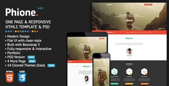 Phione one page parallax HTML5 template with sections for services, portfolio, team, and contact