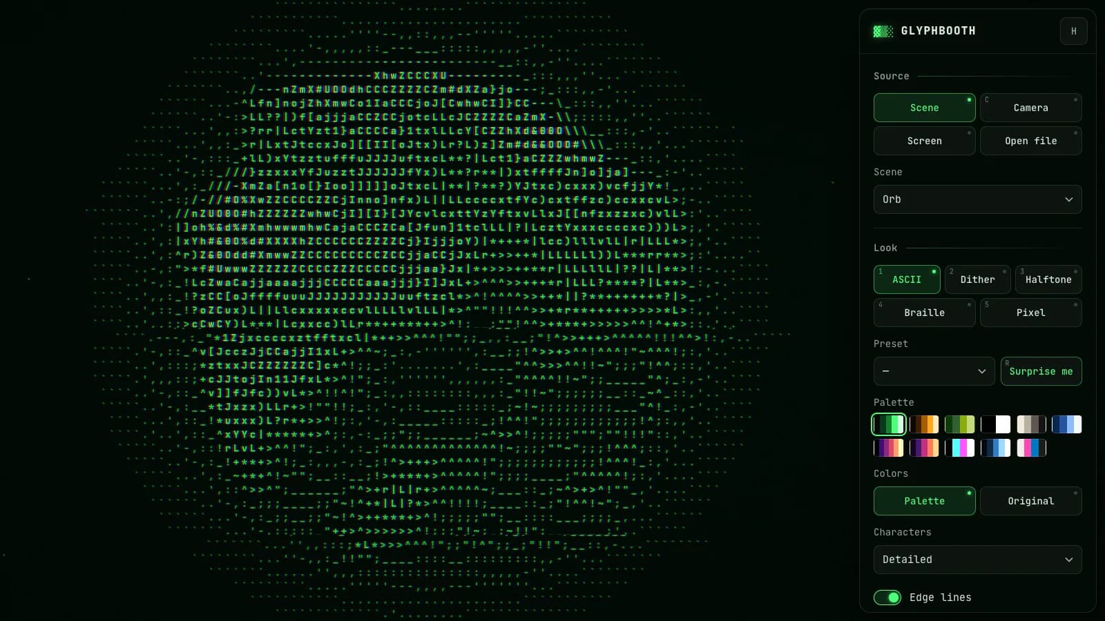 Glyphbooth redrawing an animated orb as green ASCII characters, with the control panel on the right