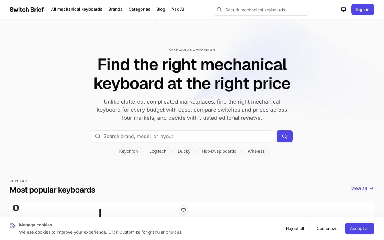 Switch Brief home page: headline 'Find the right mechanical keyboard at the right price', a search box and brand filter chips.