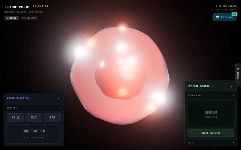 Lithosphere: a glowing pink orb in the centre with audio and gesture control panels.
