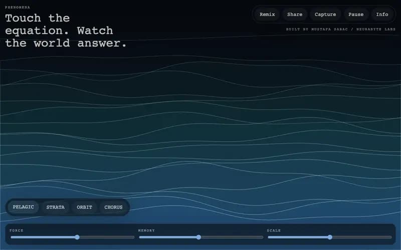 PHENOMENA: deep blue wave lines with the title 'Touch the equation. Watch the world answer.' and the four scene buttons.