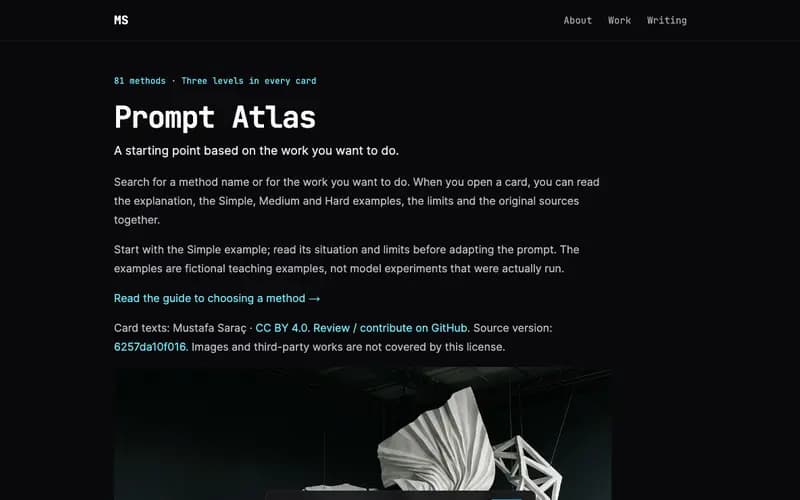 Prompt Atlas English start page: '81 methods · Three levels in every card' above the title Prompt Atlas.