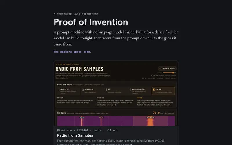 Proof of Invention landing page with the first run, 'Radio from Samples', shown as a card.