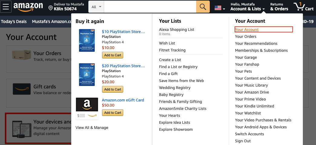 Amazon Kindle menu options