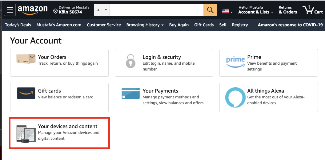 Amazon Kindle account settings page