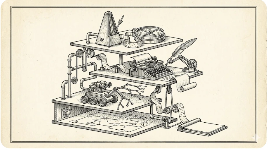 Orkestratör, yazıcı model ve computer-use driver katmanlarını gösteren mekanik gravür