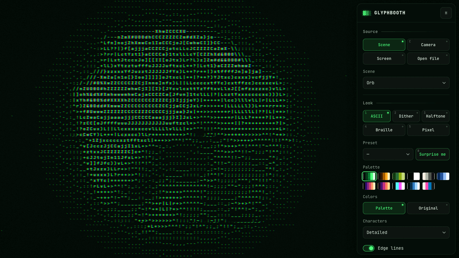 Glyphbooth hareketli bir küreyi yeşil ASCII sanatına çeviriyor