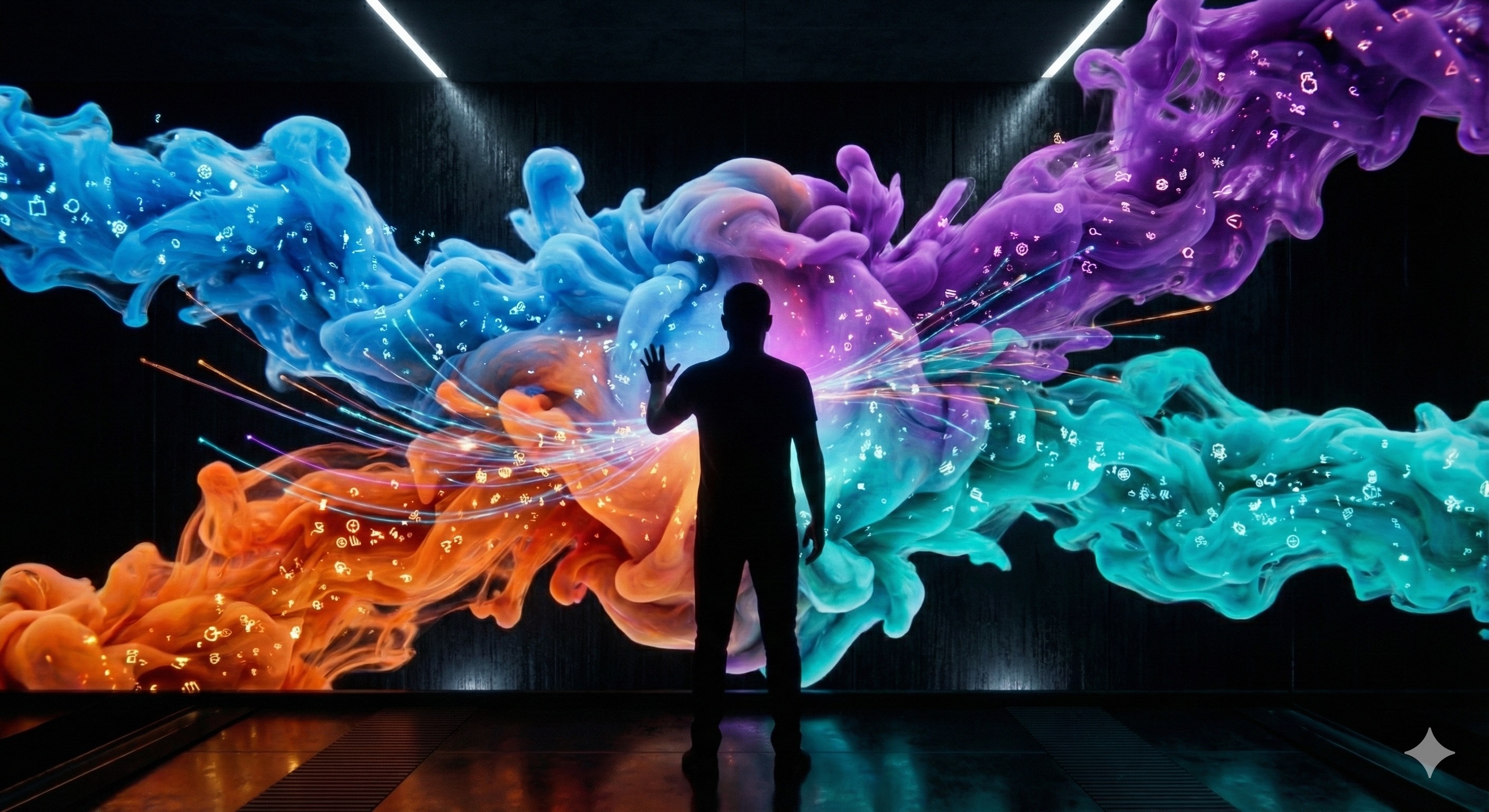 Dört renkli bulut formları - mavi, turuncu, mor, turkuaz - insan silüeti ortada