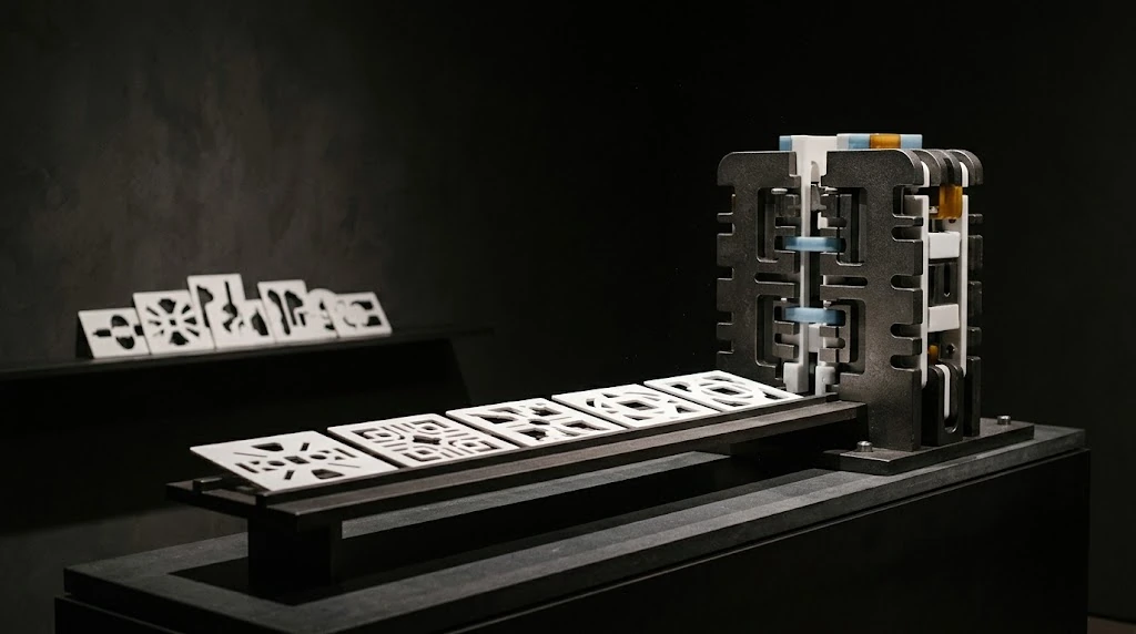 White plates with different hollow patterns are lined up on a rail in front of a dark measuring and pass-through apparatus.