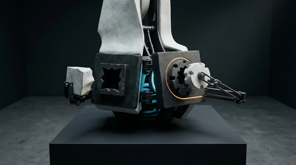 Two differently shaped slots in a dark mechanical body, and a toothed white piece approaching the slot on the right.