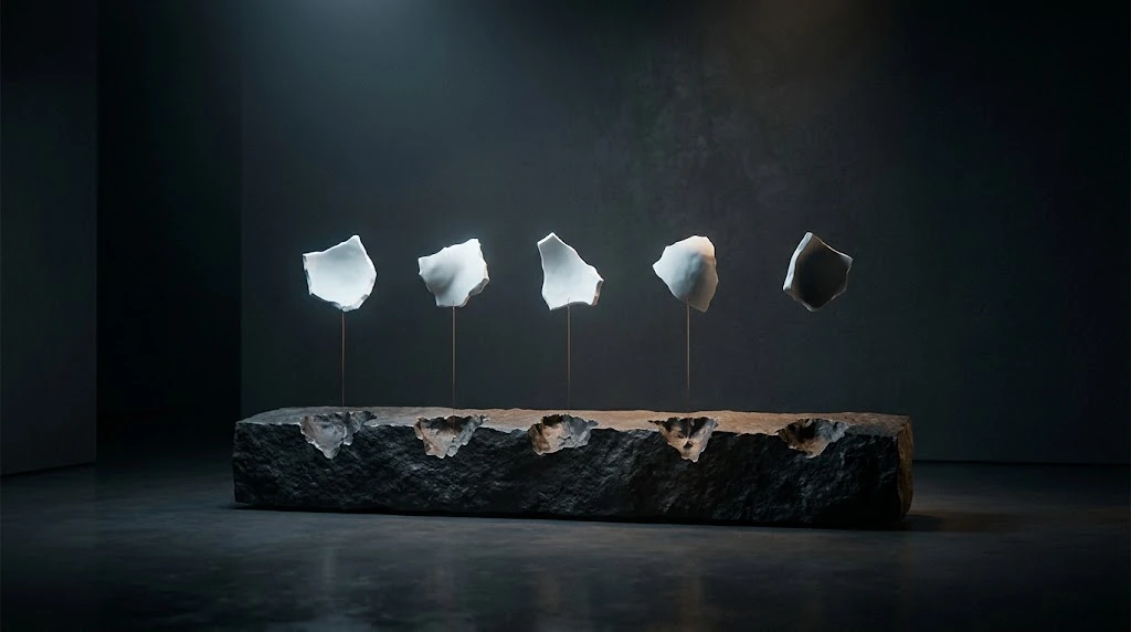 Light-coloured pieces on a dark stone plinth are connected by thin vertical lines to separate source points below.