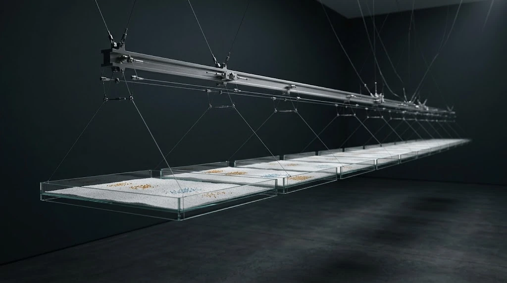 Long transparent surfaces carried by thin hangers in a dark space run in parallel, leaving distance between them.