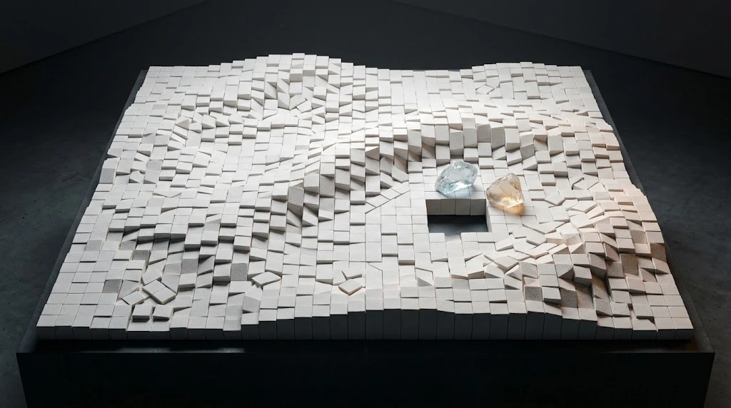 A deliberate dark hollow on a wide surface of white square stones, with separate blue and amber pieces beside it.