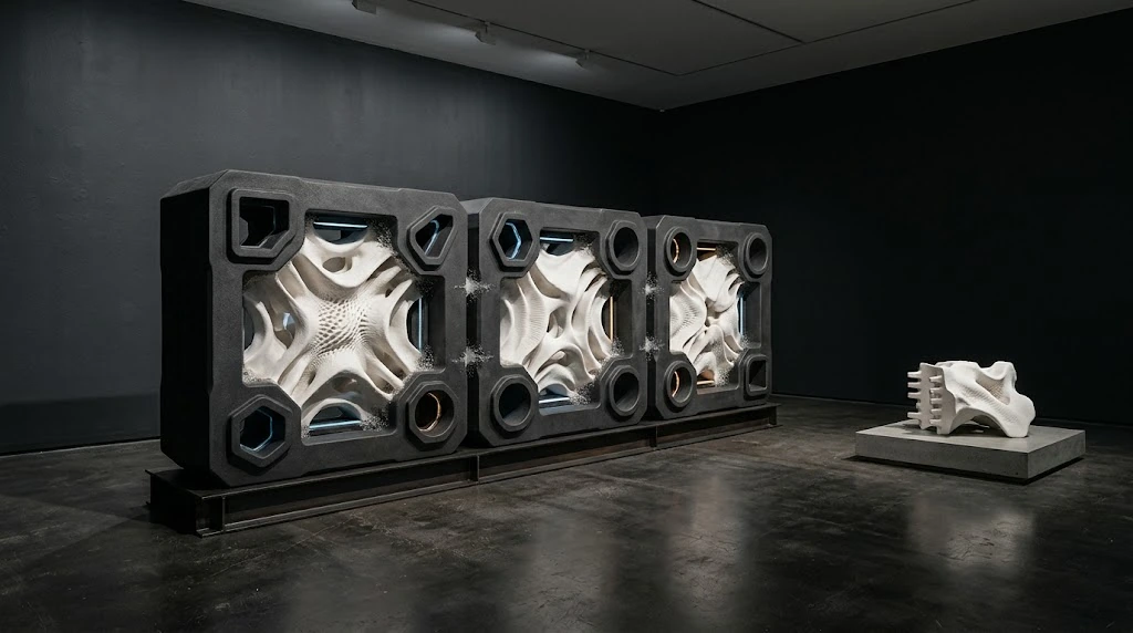 Different white curving structures in three dark modular frames standing side by side meet a small separate sample on the right.