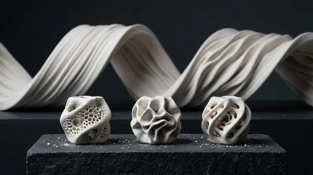 Three small mineral samples with different hollows in front; large white surfaces sharing a common fold pattern behind them.