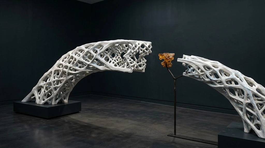 Two white lattice bridges reaching toward each other stand with open ends on either side of a small amber piece in the middle.