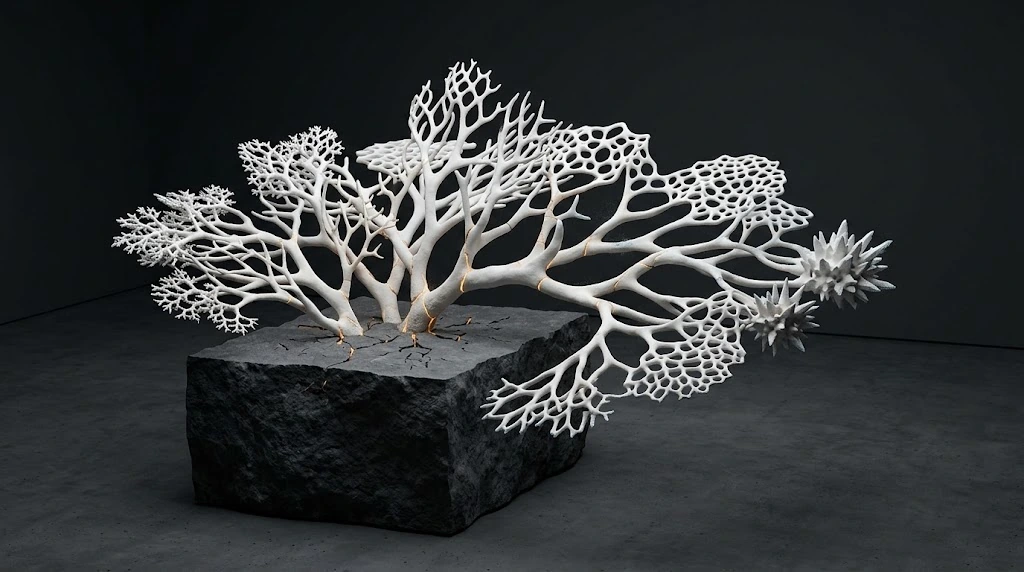 White branches extending horizontally from a dark stone plinth carry different porous surfaces and small sharp forms at their tips.