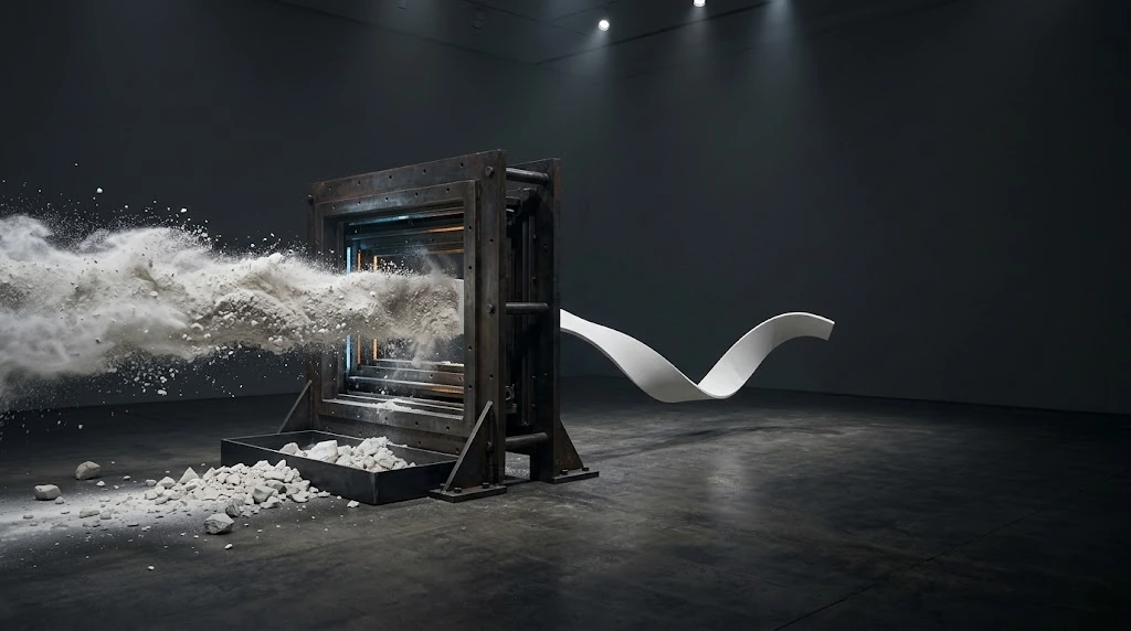 A scattered stream of white dust passes through a dark opening and turns into a single smooth white ribbon.