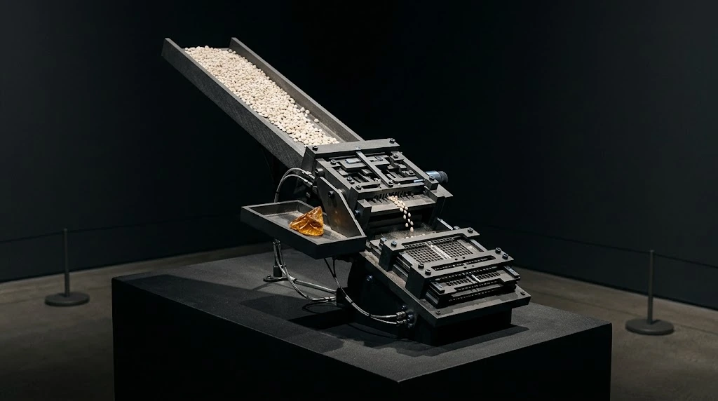A slanted channel filled with light-coloured grains reaches two dark sieving apparatuses; an amber piece stays in a separate side tray.