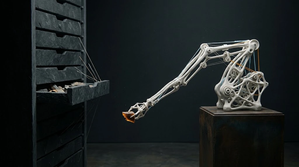 Beside a dark archive with drawers, a light white lattice-shaped arm carries a small amber piece.