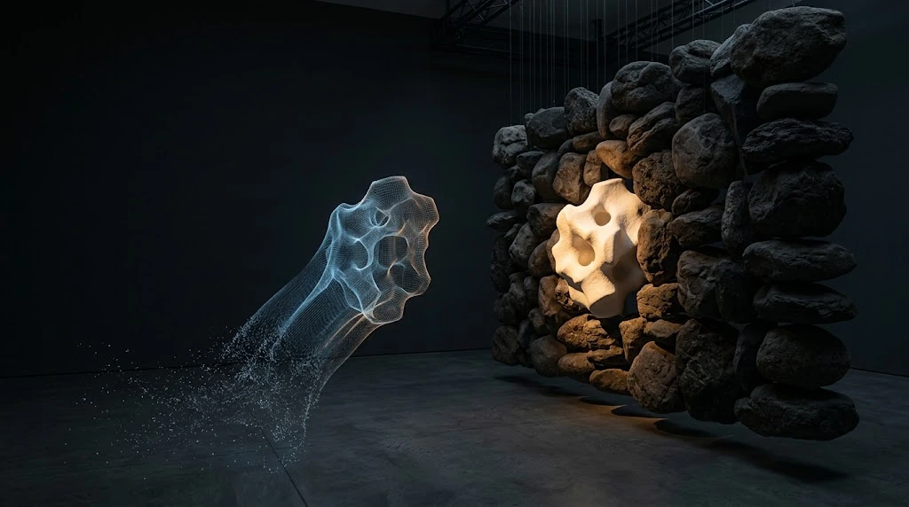 A transparent, particulate shape reaches into a lit mineral cavity in a dark stone wall.