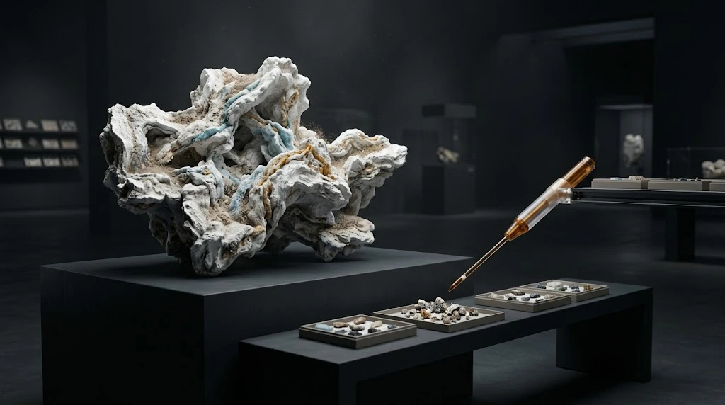 The thin tip of a separate brass instrument reaches toward small trays of candidate pieces in front of a large branching mineral sculpture.