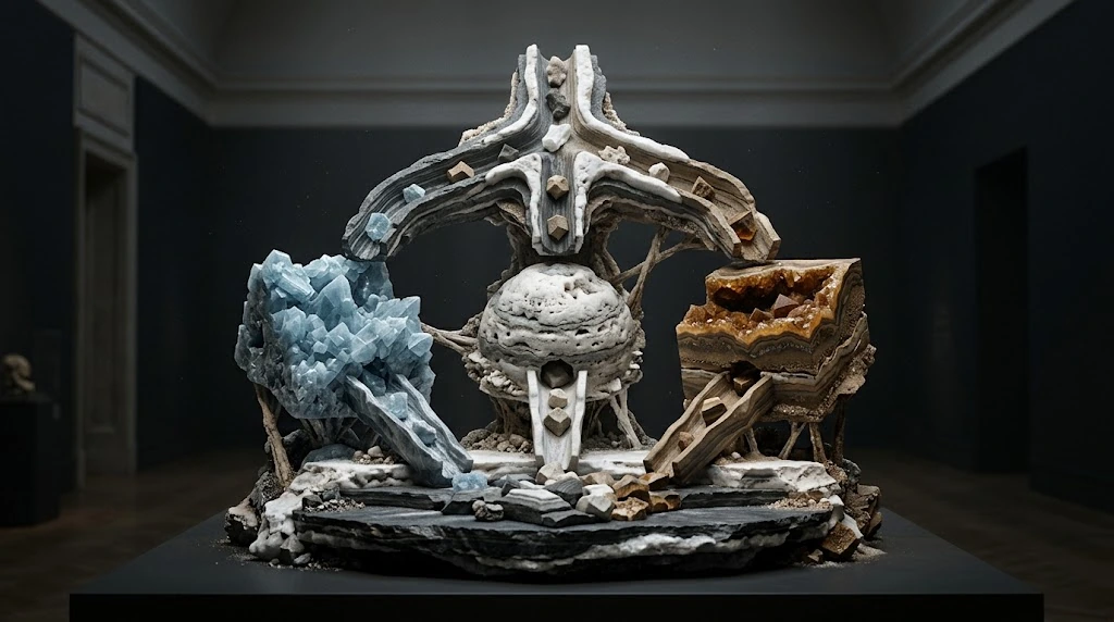 Arms of rock layered with blue crystal, light mineral and amber meet around a light-coloured spherical piece in the middle.