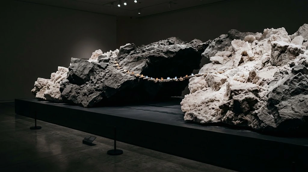 A thin bridge of small, spaced light-coloured stones connects the dark gap between two large rock masses.