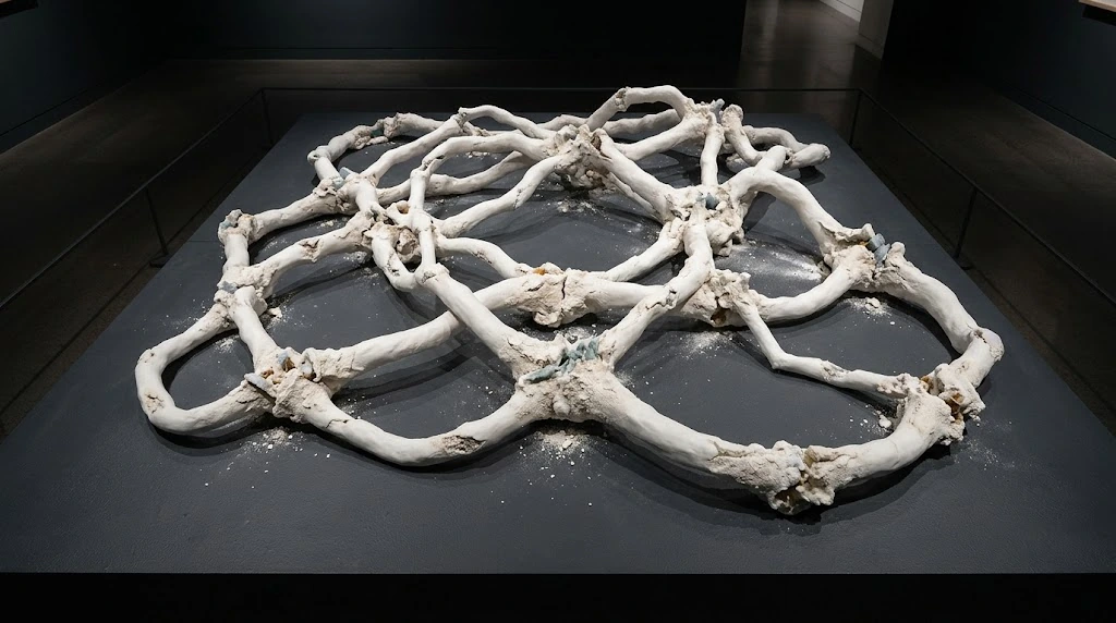 On a low dark plinth, white mineral channels branch and rejoin at shared nodes, forming a network.