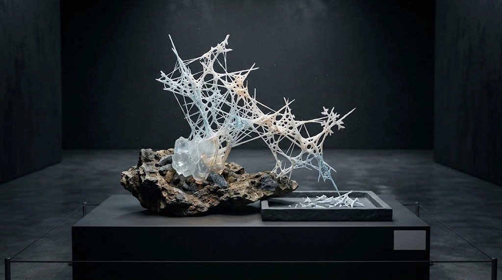 A thin white lattice grows over a transparent mineral core; some pieces collect in a separate dark tray to the side.