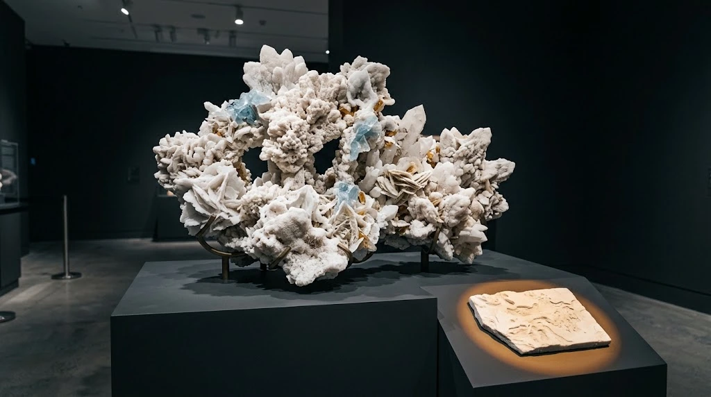 Soft amber light surrounds a small light-coloured plate in front of a white branching mineral sculpture.