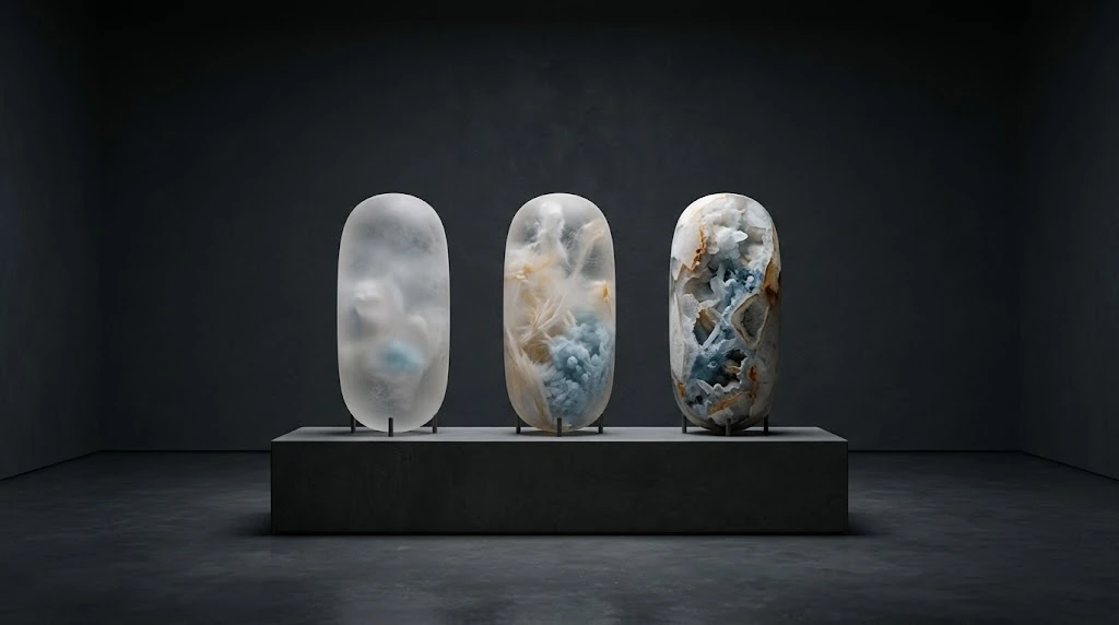 Three translucent capsules of similar size standing side by side contain increasingly dense and distinct mineral pieces from left to right.