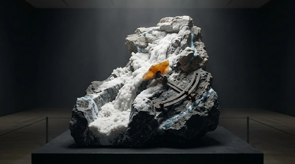 A light-coloured flow in a large mineral mass passes beside a small amber vane on a curved rail.