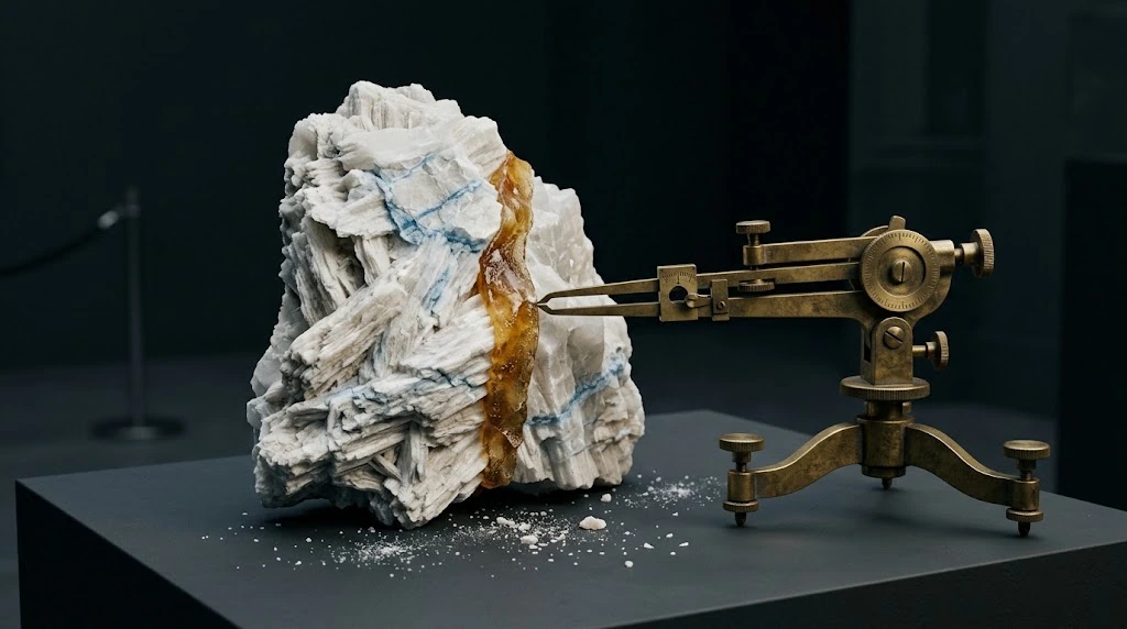 The tip of a free-standing brass measuring instrument touches the amber-filled crack of a white stone.