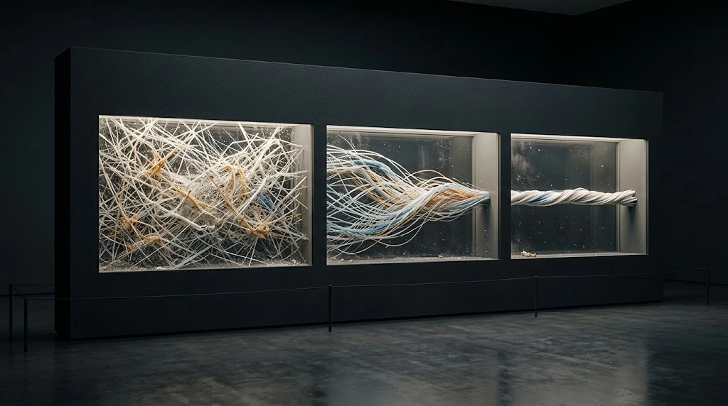 In three lit windows in a dark wall, white threads run from a knotted heap on the left to a single orderly ribbon on the right.