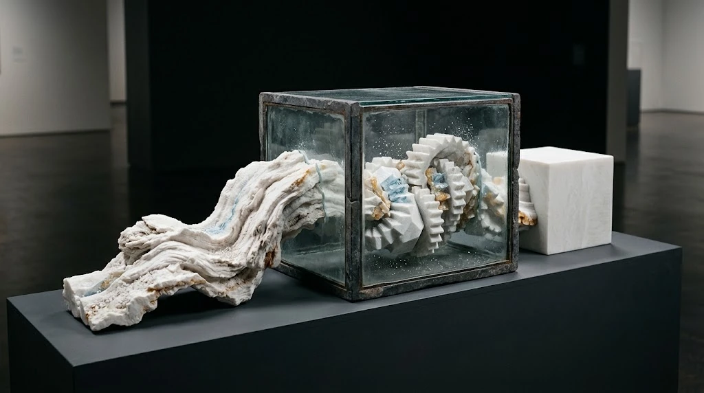 A curving light mineral ribbon reaches white gears in a glass compartment; a sharp white block stands to the right of the compartment.