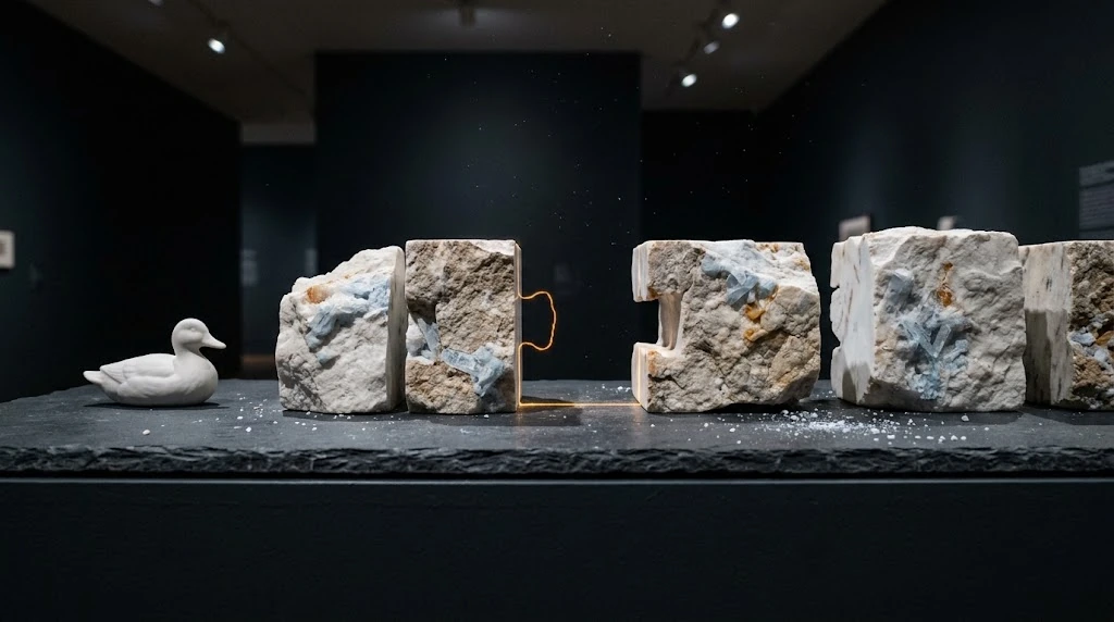 A thin amber wire passes through the gap between stone blocks lined up beside a small white duck.