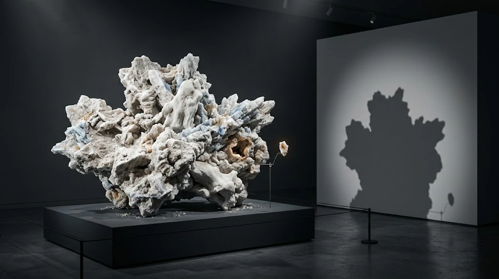 The large shadow of a branching mineral sculpture falls on a white screen; a small separate piece stands beside the sculpture.