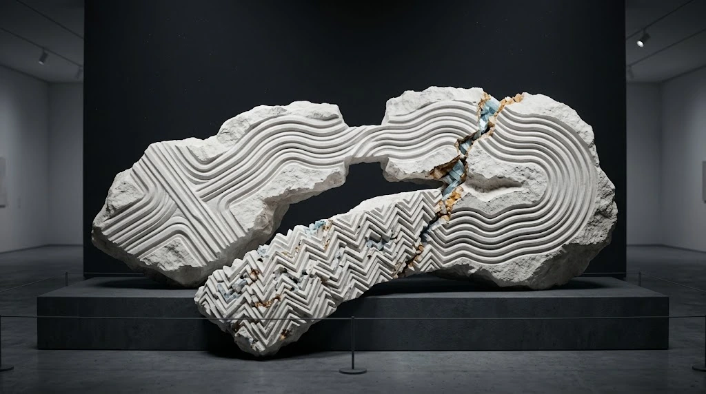 In front of a large white stone form with wavy relief stands a small piece that repeats part of the pattern with different lines.