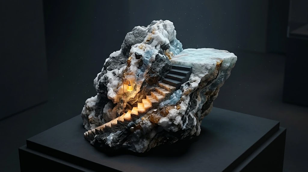 The lower steps of a staircase carved into mineral rock are lit with amber light; an open landing lies above.