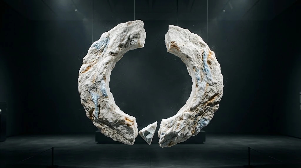 A small angular piece and open joint gaps appear between two light mineral arcs hanging opposite each other.