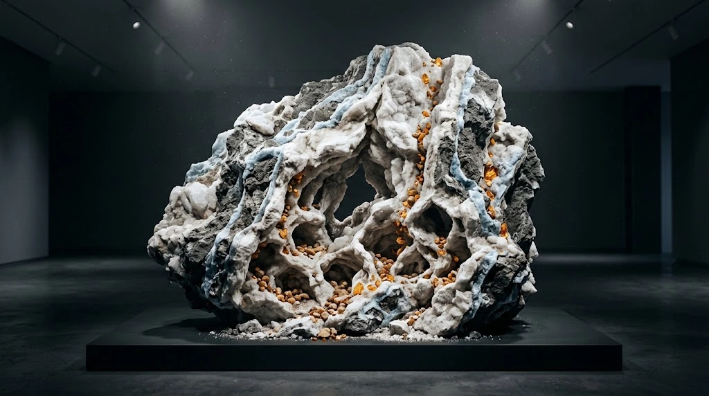 Amber pieces and thin veins connect the nested hollows of a large mineral body.