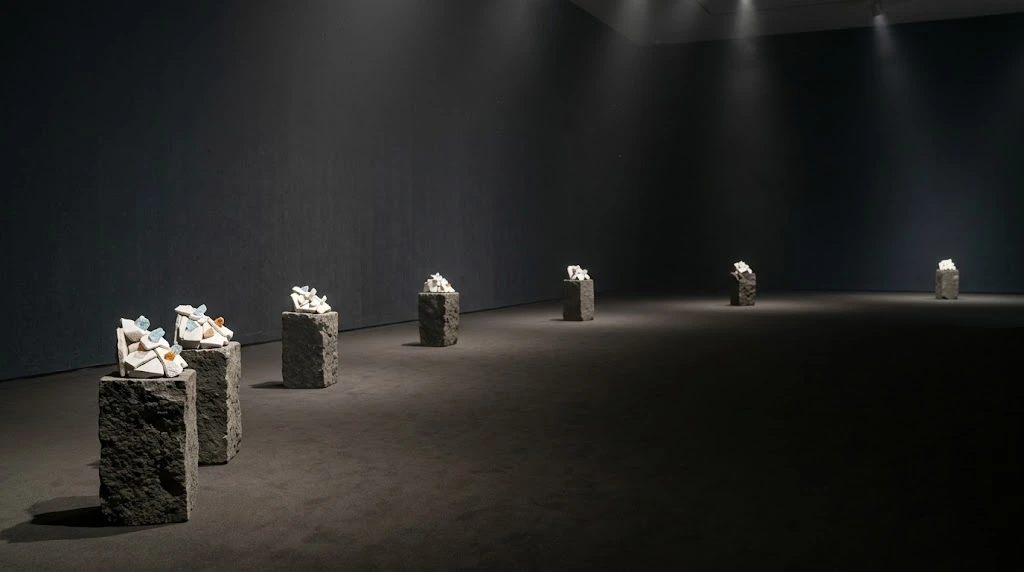 Each of the dark plinths spaced along a curved gallery path holds small light mineral patterns.