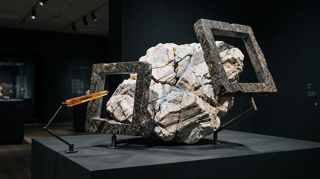 Different parts of the same cracked stone are seen through two dark frames standing at different angles, in front and above.