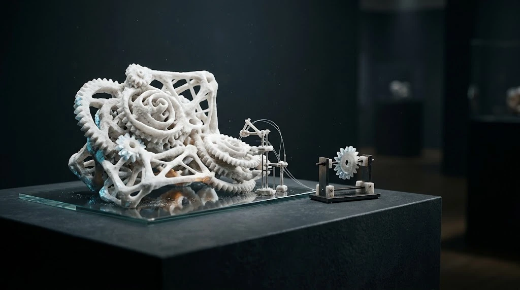 Beside a white gear mechanism on a glass base, another gear stands on a small separate test stand.