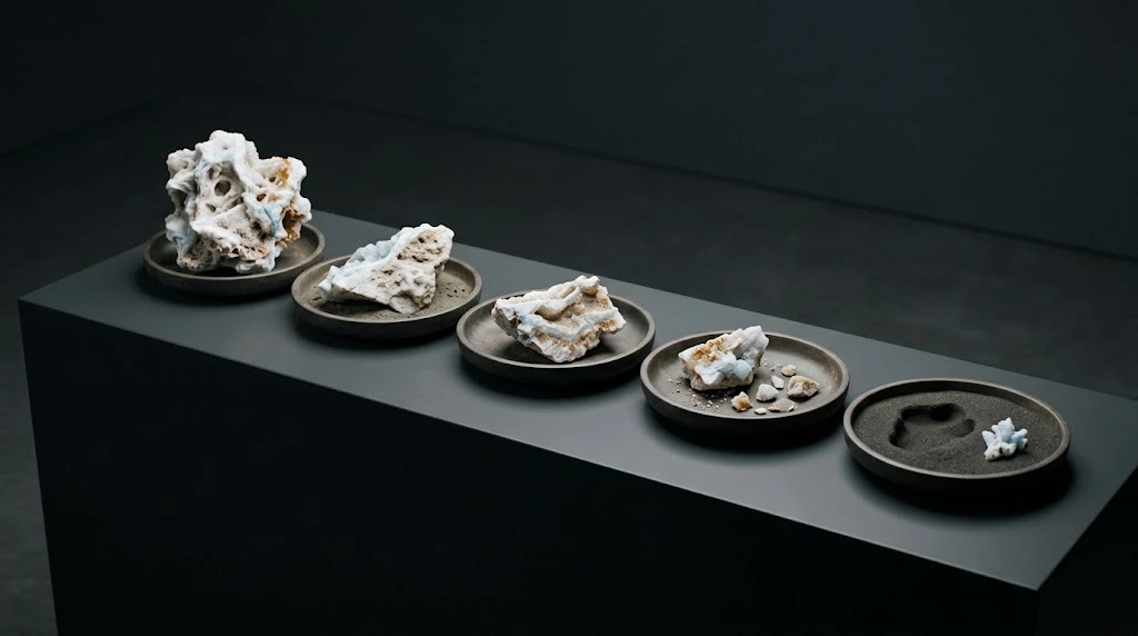 Changing mineral pieces appear in five shallow trays lined up on a dark surface; the last tray has an empty hollow and a small piece.