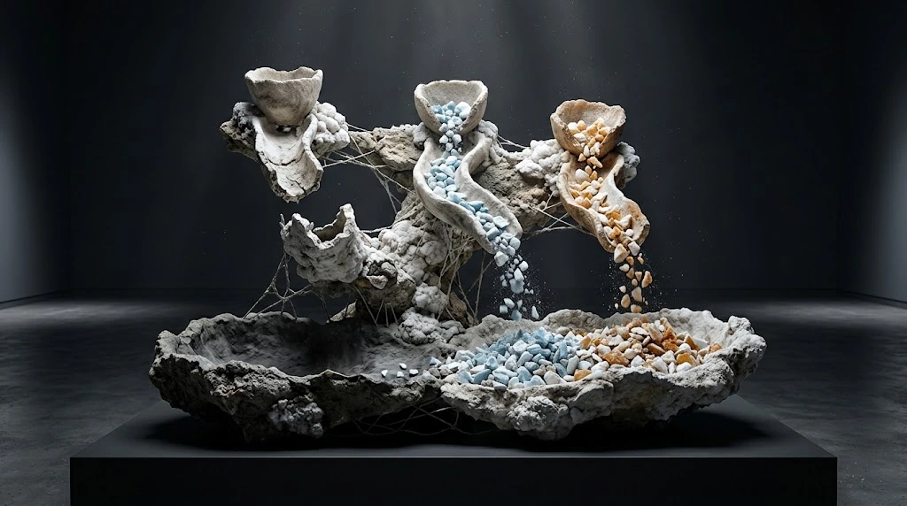 Üstteki üç küçük mineral kaptan farklı renkli parçalar alttaki ortak havuza iniyor; bir kanal açık ve boş kalıyor.