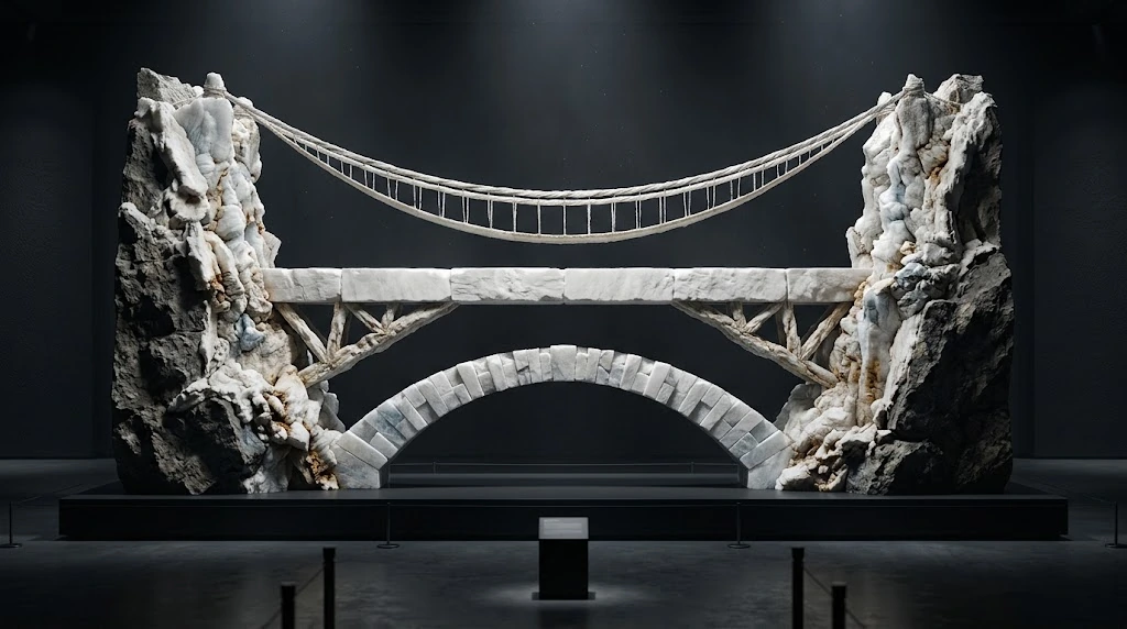 Three different white bridges join the same two rock walls: suspended at the top, flat in the middle and arched at the bottom.
