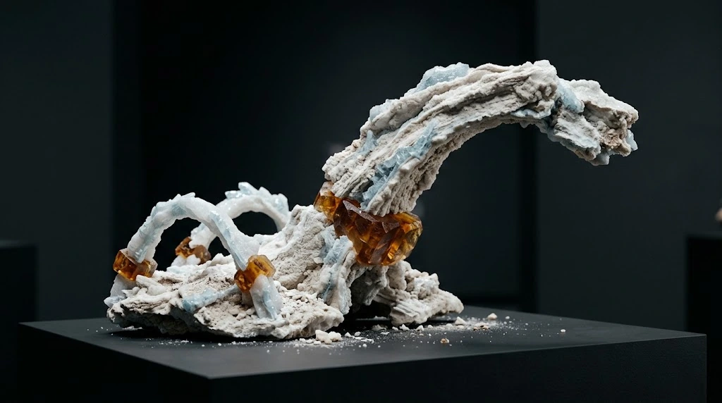 The same amber joining pieces sit at the joints of the small mineral arches and the large half-arch.