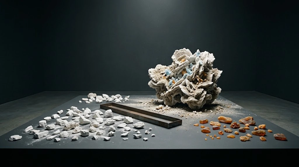 Behind two separate heaps of white and amber pieces stands a complex sculpture that brings different minerals together.